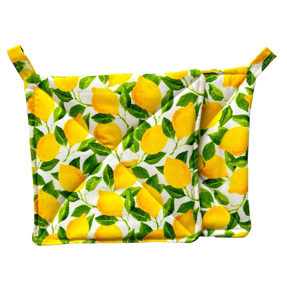 Hand Crafted Colorful Yellow Lemons Fabric Cotton Pot Holders or Hot Mats Trivet - Picture 6 of 7